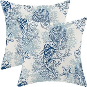 Summer Coastal Pillow Covers 18x18 Set of 2, Blue Beach Nautical Ocean Theme Seahorse Coral Seashell Starfish Throw Pillows Outdoor Cushion Case Decorations for Home Couch Sofa