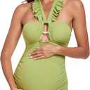 EastElegant Maternity Ruffle Ribbed Cutout One Piece Swimwear Square Ring Linked Pregnancy Bathing Suit (Small, Grass Green)