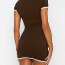 Dressmine Women's Summer Bodycon Midi Dresses 2026 Trendy Casual Ribbed Short Sleeve Dress Sexy Formal Party Mini Dress (Brown, XS)