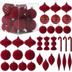Soulchen 32 Pcs Velvet Christmas Tree Ornaments Ball Set Shatterproof Flocked Christmas Decorations Ball Bulk for Tree Decorative Hanging Garland Ornaments Xmas Holiday Party Decor(Burgundy)