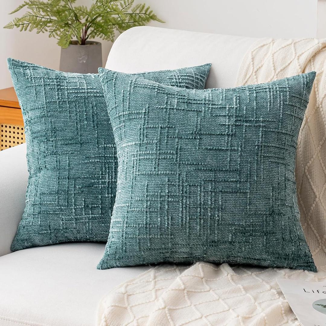 Decorative Throw Pillow Covers 18x18 Inch Set of 2, Soft Solid Farmhouse Chenille Couch Pillows, Spring Pillow Covers for Couch Sofa Bed Living Room Home Decor Pillowcase, Teal
