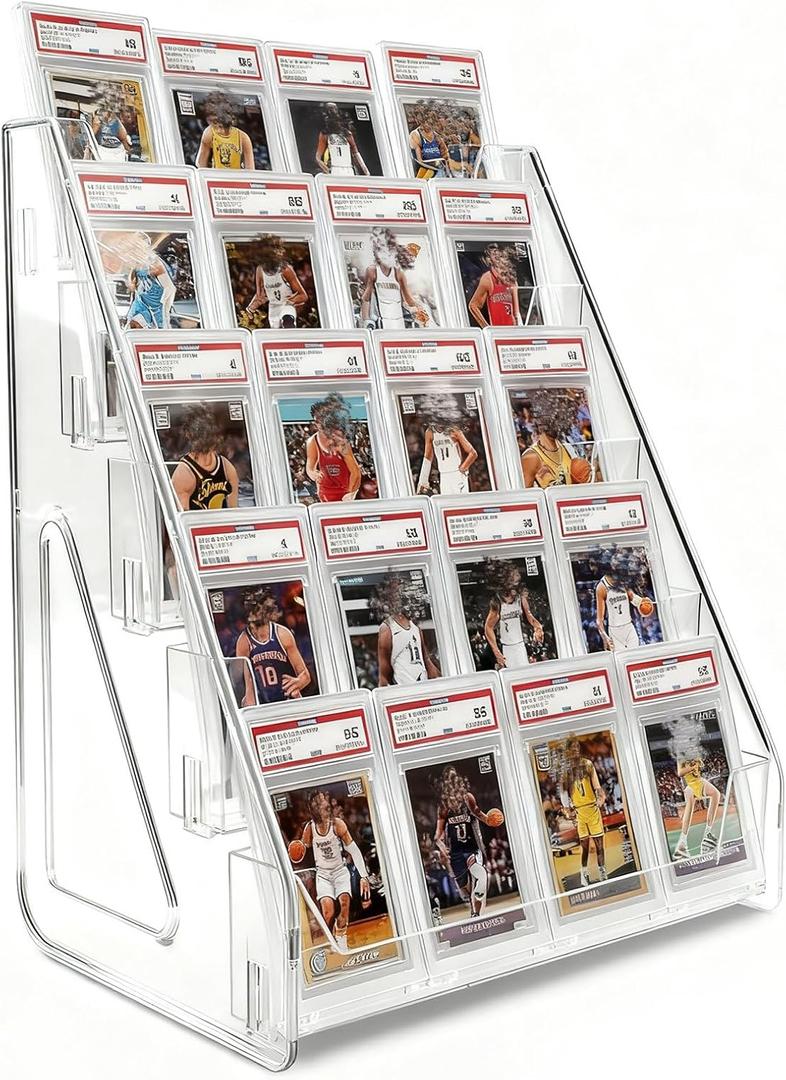 Large 5-Tier Trading Card Display Stand  Vertical Shelf Rack Holder for Baseball Basketball Sports Graded Game Greeting Card Display, Snap-On Assembly