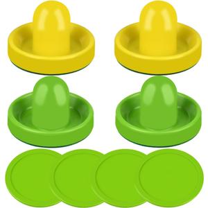 ONE250 Air Hockey Pushers and Red Air Hockey Pucks, Goal Handles Paddles Replacement Accessories for Game Tables (4 Striker, 4 Puck Pack) (Green & Yellow)