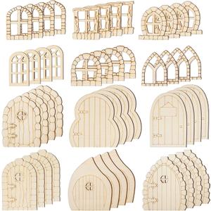48 Pcs Fairy House Kit Craft Mini Wooden Door Unfinished Wooden Garden Doors DIY Craft Fairy House Kit Unpainted Wood Miniature Blank Windows for Home Decoration Accessories