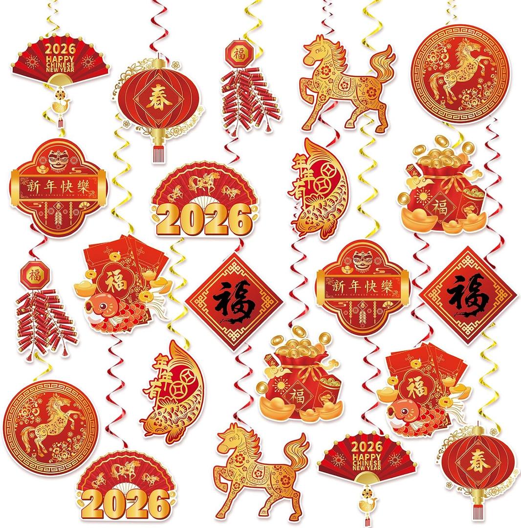 22 Set Chinese New Year Hanging Swirl Decoration 2026 Lunar New Year Decorations Spring Festival Ceiling Streamers for Horse Years Spring Festival Party Decoration Supplies