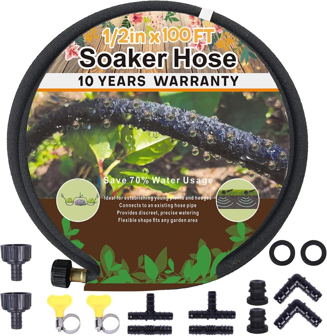 1/2 Soaker Hose 100 ft for Garden Beds, Heavy Duty Soaker Hoses with Kits for Water Saving, Rubber Garden Watering Hose 100 Foot Drip Irrigation Hose System (100 feet)