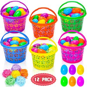12 Pieces Easter Baskets with Handle for kids - Plastic Easter Egg Hunts Bucket with 36Pcs Empty Eggs and 60g 6 colors Grass for Pascua Party Favor Garden Basket Filler Stuffer Decorations