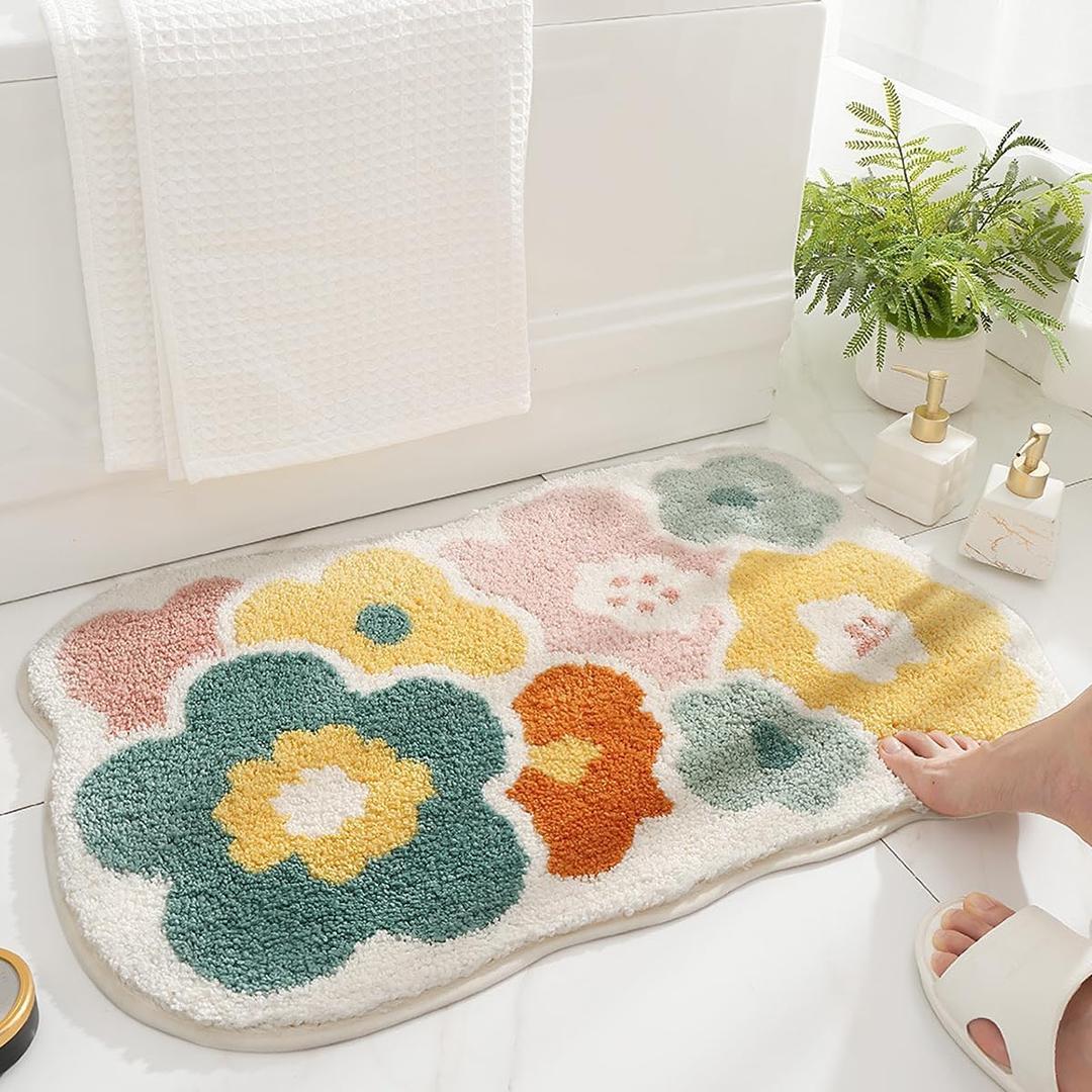 Flower Bath Rug for Bathroom, Super Soft Fluffy Rug Home Floor Mat Floral Carpet Water Absorption Machine Washable Bath Mat for Bedroom and Bathroom, 15.7 x 23.6 Inches, Yellow Flower