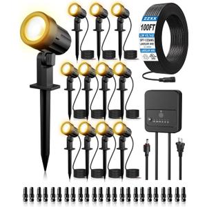 ZZXX All-in-One Low Voltage Landscape Lighting Kit, 12-Pack LED Landscape Lights with Transformer 100FT Wire and Connectors, 2700K Waterproof Landscape Spot Lights for Garden Yard House Tree