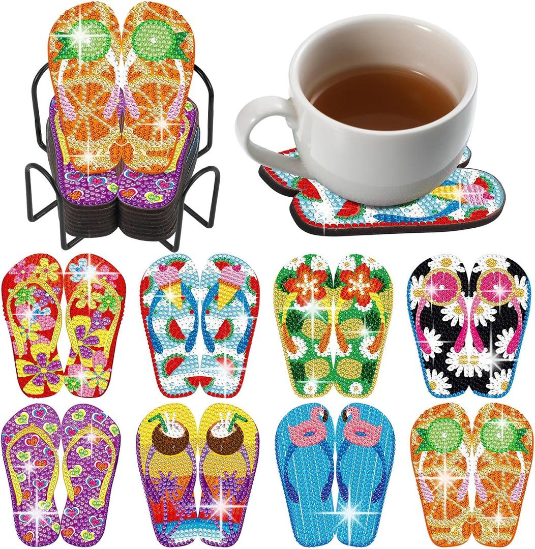 Shellwei 8 Pcs Flip Flop Diamond Art Coasters Summer Hawaii Tropical Beach Diamond Painting Coasters with Holder for Crafts Gift Beginner Adults Party