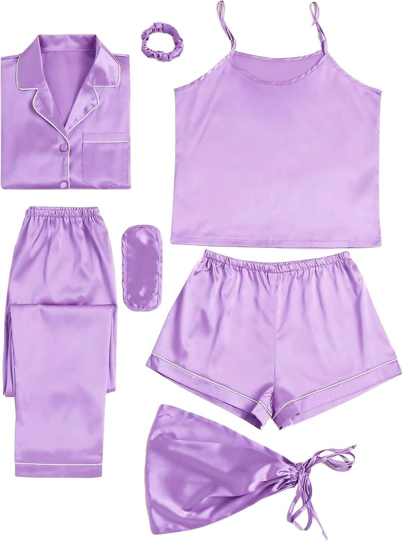 LYANER Women's Pajamas Set 7pcs Silk Satin Sleepwear Loungewear Cami Shirt Pj Set (Medium, Purple)