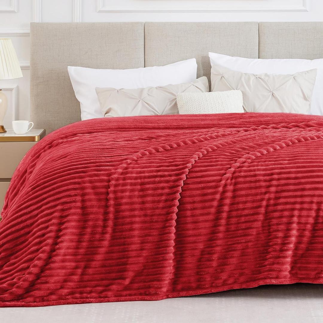 BEDELITE Blankets Queen Size for Bed, 300GSM Soft & Warm Fleece Blanket, Decorative and Giftable Striped Red Blankets for Women, Men, 90"x90"