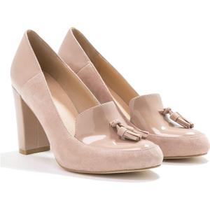 LEHOOR Women Chunky Block High Heel Fringed Pumps Round Toe, Slip On Dress Loafers with Tassel Suede Patent Leather Patchwork for Ladies Girls Office 4-15 M US (8, Beige)