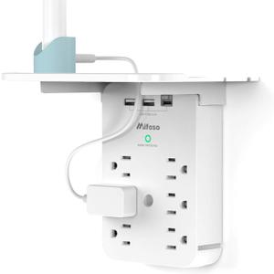 Wall Outlet Extender with Surge Protector, 6 AC Outlets, Shelf, 2 USB & USB C Charging Ports - Home & Dorm Plug Expander (White)