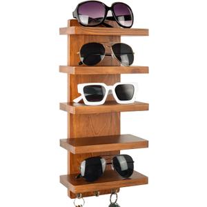 Sunglasses Organizer, Wall Mounted 5-Tier Wood Eyeglasses and Sunglass Holder Rack, Eyewear Storage Display Shelf with Key Hooks for Entryway, Living Room, or Retail Showcase