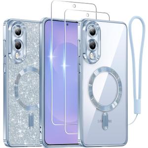 Meifigno Designed for Samsung Galaxy S25 Edge Case, [Compatible with MagSafe] [2X Screen Protectors] [Glitter Card & Wrist Strap] Surround Raised Lens Protection Slim Case for S25 Edge 6.7", Icyblue