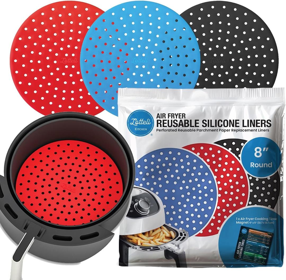 Reusable Air Fryer Liners 3 Pack for 5-7QT Fryers - 8" Round Silicone Air Fryer Liners - Easy to Clean Air Fryer Accessories - Non-Stick Parchment Paper Replacement