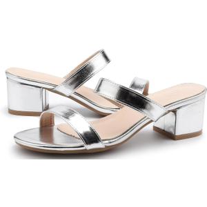 kkdom Round Toe Chunky Heels Sandals-Clear Nude Black Short Heels Two Strap Leather Mule Sandals Slip On Block Heels for Party Dating Daily Work (5.5, Silver)