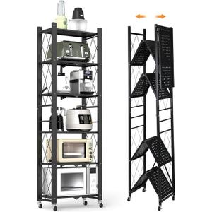 6-Tier Foldable Storage Shelves with Wheels, Folding Metal Shelf Unit, Folding Bookshelf no Assembly, Collapsible Shelves for Craft Shows for Kitchen, Bedroom, Living Room, Black