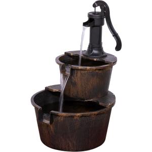 Alpine Corporation 27" Tall Rustic Outdoor 2-Tier Barrel Pump Water Fountain with Soothing Cascading Water Flow for Patio, Yard, Porch, or Landscape, Bronze