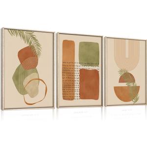 HOURIA Modern Boho Orange Geometric Framed Canvas Wall Art Set,Abstract Bohemian Arch Line Shape Decor,Mid Century Terracotta Sage Green Palm Leaf Botanical Artwork for Living Room,Farmhouse-16"x24"x3