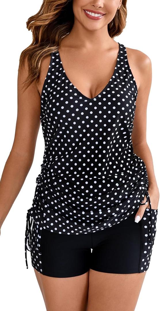 Halcurt Women's Two Piece Swimsuits Tankini Sets with Shorts and Pocket Tummy Control Drawstring Bathing Suit