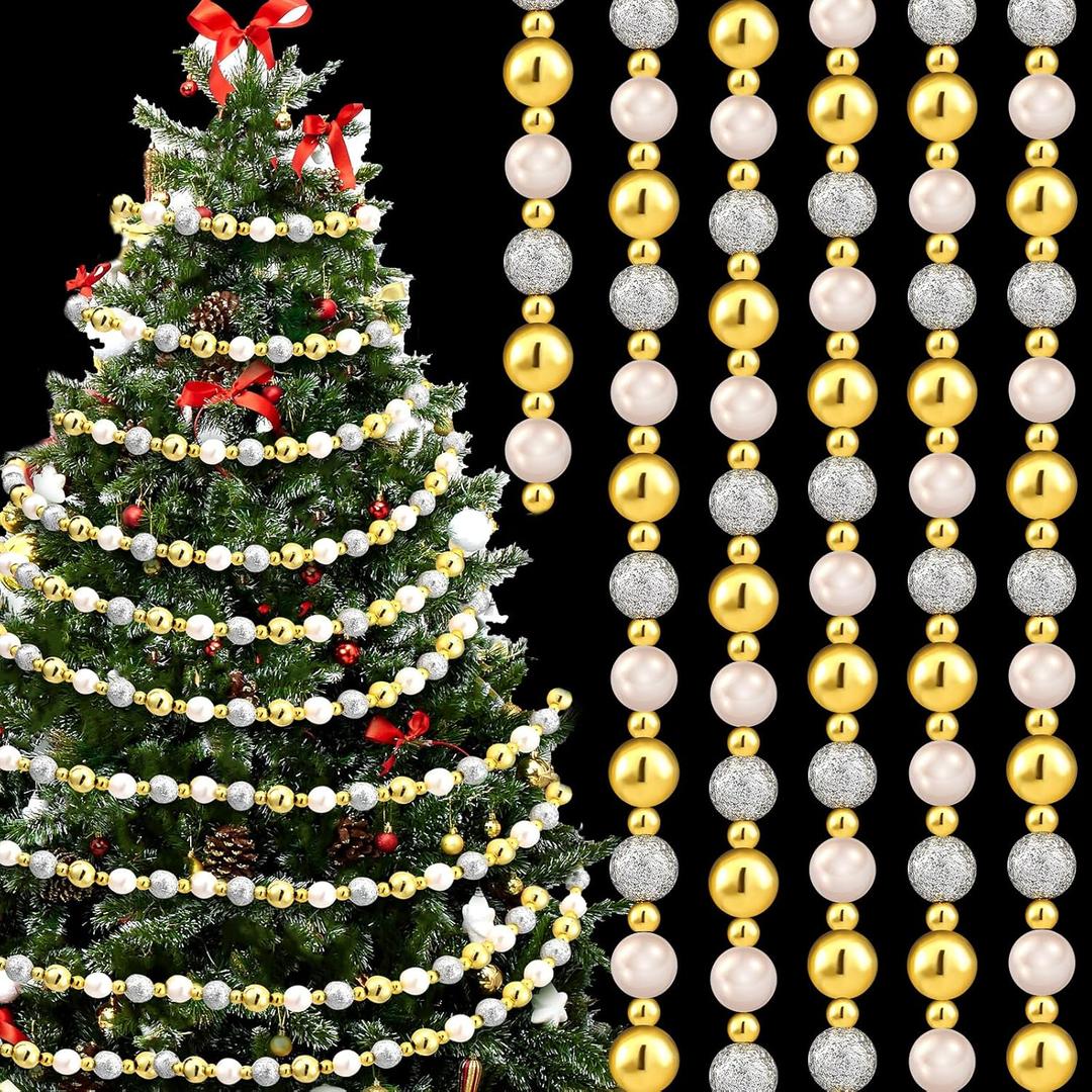 Tigeen 36 ft Christmas Tree Bead Garland Gold Silver Beads for Christmas Tree Farmhouse Beaded Garland Decoration for Holiday Fireplace Staircase