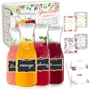 Set Of 4 Glass Carafes & Pitchers For Mimosa Bar Supplies, 1 Liter Beverage Glass Carafe With Lids For Wine,Brunch,Champagne,Lemonade,Milk,Iced Tea,Juice Pitcher & Container, Water Carafe With lid