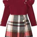 Toddler Girl Clothes,Girls Outfits Long Sleeve Ruffle Button Tops, Plaid Skirt Shorts, Hat 3Pc Little Girls Clothes