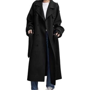 chouyatou Women's Winter Double Breasted Wool Coat Long Sleeve Notch Lapel Midi Long Winter Trench Coat with Belt L