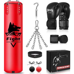 4FT Hanging Punching Bag for Adults, Super PU Leather Boxing Training Equipment Heavy Bag with 12OZ MMA Gloves, Unfilled Kicking Bag Boxing Set for Training Karate Kickboxing Muay Thai (Red)