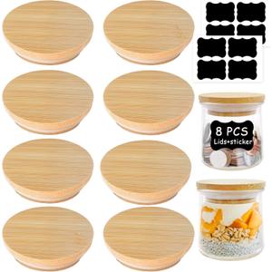 Oui Yogurt Jar Lids - 8 Pack Oui Lids-Natural Bamboo Wood with Silicone Sealing Rings and Oui Yogurt Bottle Label, For 5 Oz Oui Yogurt Jars