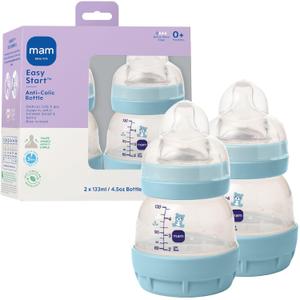 MAM 4.5oz Easy Start Anti-Colic Wide Neck Vented Baby Bottle, Extra Slow Flow Breastfeeding-Like Silicone Nipple, Reduces Colic, Gas & Reflux, Easy to Clean, BPA Free, 0+ Months, Made in Europe (2 Count (Pack of 1), Blue Teal)