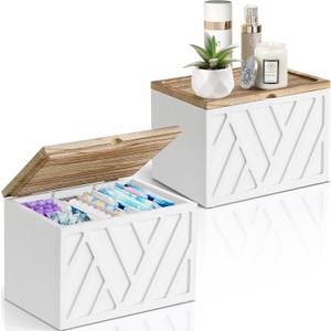 2 PCS White Tampon Holder for Bathroom Decor, Feminine Product Organizer With Lid, Shark Week Storage, Wood Pad Box for Toilet, Bathroom Accessories