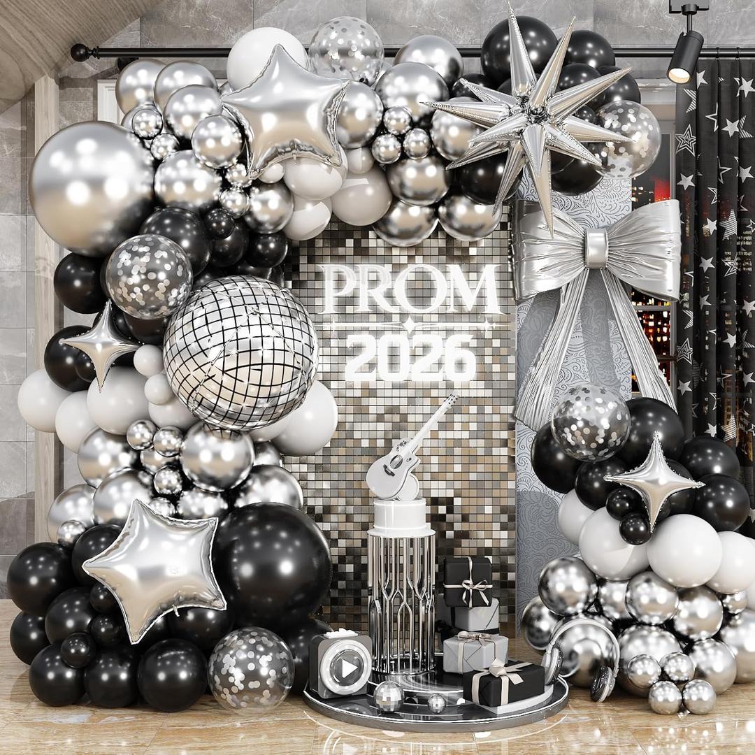 Prom Balloon Garland Arch Kit, Graduation Black Silver White Metallic Balloon Explosion Star 4D Disco Ball Foil Mylar Balloons for Class of 2026 Congrats Grad Prom Disco Birthday Party Decorations