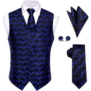 Mens Suit Vest 4PC Silk Paisley Vest with Necktie Pocket Square Cufflinks Formal Woven Waistcoat for Suit Tuxedo (Blue Black Floral)