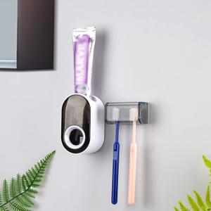 Toothbrush Holder Wall Mounted with Cover for Bathroom, 2 Slots Toothbrush Storage Organizer for Shower, Self Adhesive Toothbrush Hanger with Automatic Toothpaste Squeezer Dispenser (Combination A: 1PACK, Grey Clear)