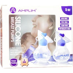 Amplim Manual Breast Pump | Gen 3 Food Grade Silicone Milk Collector for Breastfeeding Nursing Mom with Stopper | Must Haves Registry Essentials for Newborn, Infant, Baby | 5 oz (Blue, Purple) 2 Pack