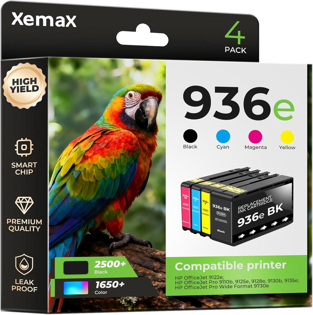 936e Ink Cartridges 4 Pack (7450 Pages) Compatible with OfficeJet Pro 9125e 9135e for HP 936e 936XL 936 Ink Work for OfficeJet 9122e Pro 9110b 9125e 9128e 9130b 9135e OfficeJet Pro Wide Format 9730e (Extra Large, Black/Cyan/Magenta/Yellow)