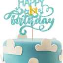 2 x Sky Blue Glitter Happy 1st Birthday Cake Topper, One Year Old Birthday Party Cake Decor, Gold Number 1 Birthday Party Supplies Decorations for Baby Girl or Baby Boy