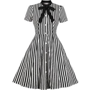 IDOPIP Women Black Striped Halloween Cosplay Costume Dress Elegant Tie Neck Midi Dress 1950s Vintage Cocktail Shirt Dress (XX-Large, Black and White)