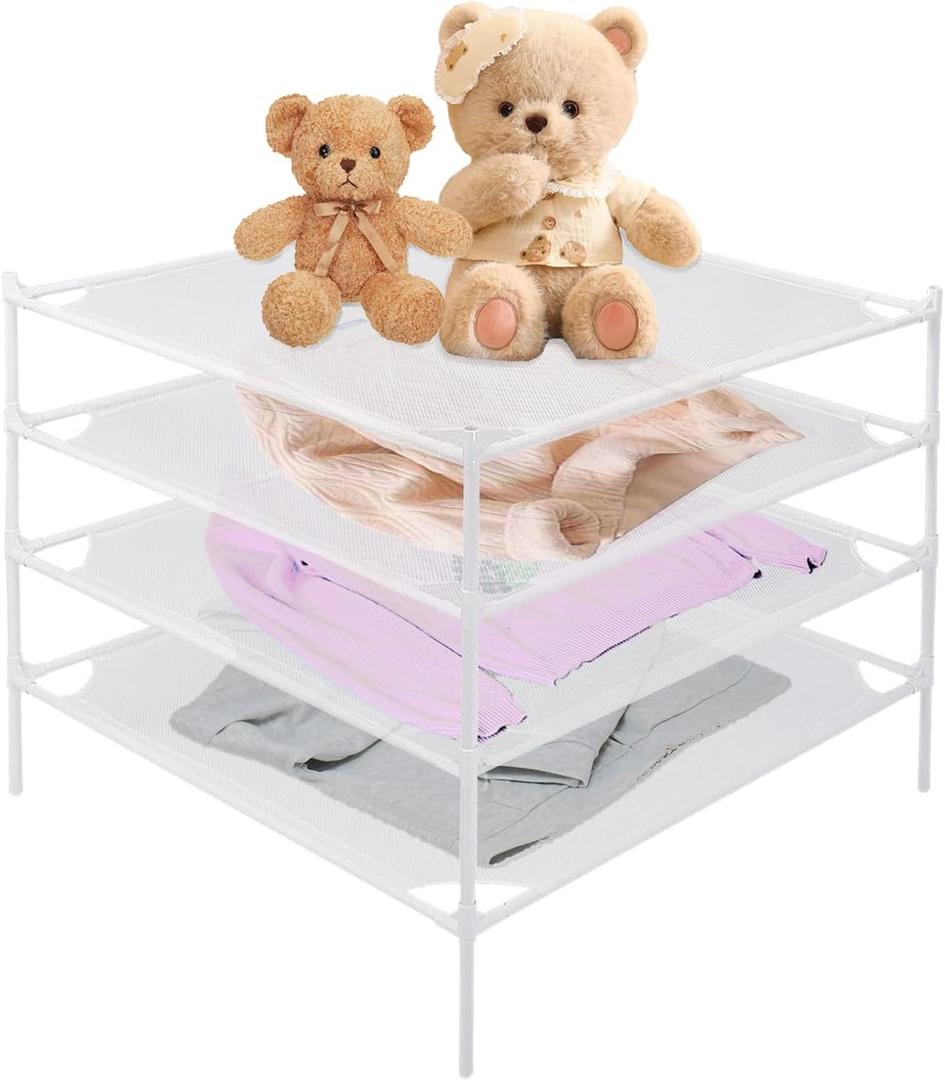 Sweater Drying Rack, 4-Layer Clothes Drying Rack Flat Mesh Drying Rack Clothing Stackable Laundry Drying Rack for Sweaters Socks Toys Indoor&  Outdoor Use, White