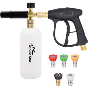 Twinkle Star Short Pressure Washer Gun with Foam Cannon, High Pressure Car Wash Foam Gun with 1/4 Inch Quick Connector, 5 Pressure Washer Nozzle Tip, 1 Liter