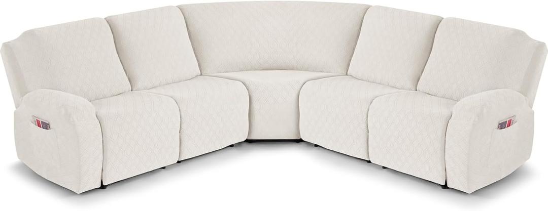 VANSOFY Extra Large Reclining Sectional Couch Covers, Washable 5-Piece Sofa Covers for L Shape Sectional Sofa Corner Seater, Thick, Soft Sofa Slipcovers (5 Seat Recliner Cover, Off White)