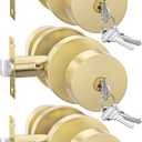 Goldenwarm Gold Exterior Door Knobs, Zinc Alloy Brushed Gold Keyed Entry Door Knob with Lock, Brushed Brass Door Knob with Lock and Key, Heavy Duty Round Ball (3 Pack)