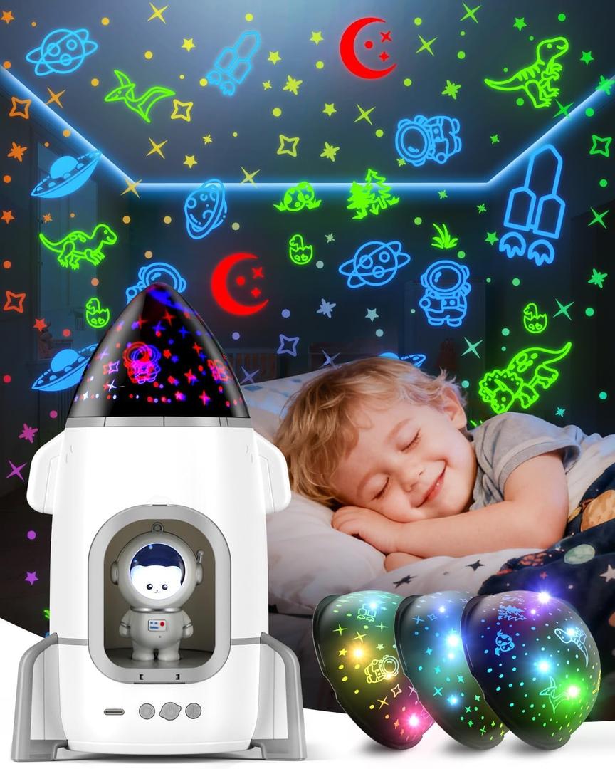 Rocket Night Light Projector for Kids Boys Toddlers Sensory Toys with Music&Films,Nightlight Lamp Astronaut Ceiling Star Projector 360 Rotation & Rechargeable, Birthday Gifts Kids Bedroom Room Decor (White)