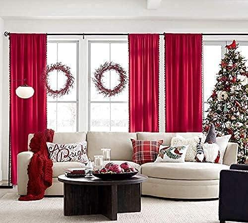 Pompom Velvet Red Curtains 95" inch Long Room Darkening Curtain Set for Living Room Bedroom Window Drapes Soft Winter Holiday Dcor Curtain Panels 42" w 2 Panels