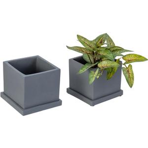MyGift 5-inch Dark Gray Cement Indoor Plant Pot with Drainage, Mini Square Succulent Planter Includes Removable Tray, Set of 2