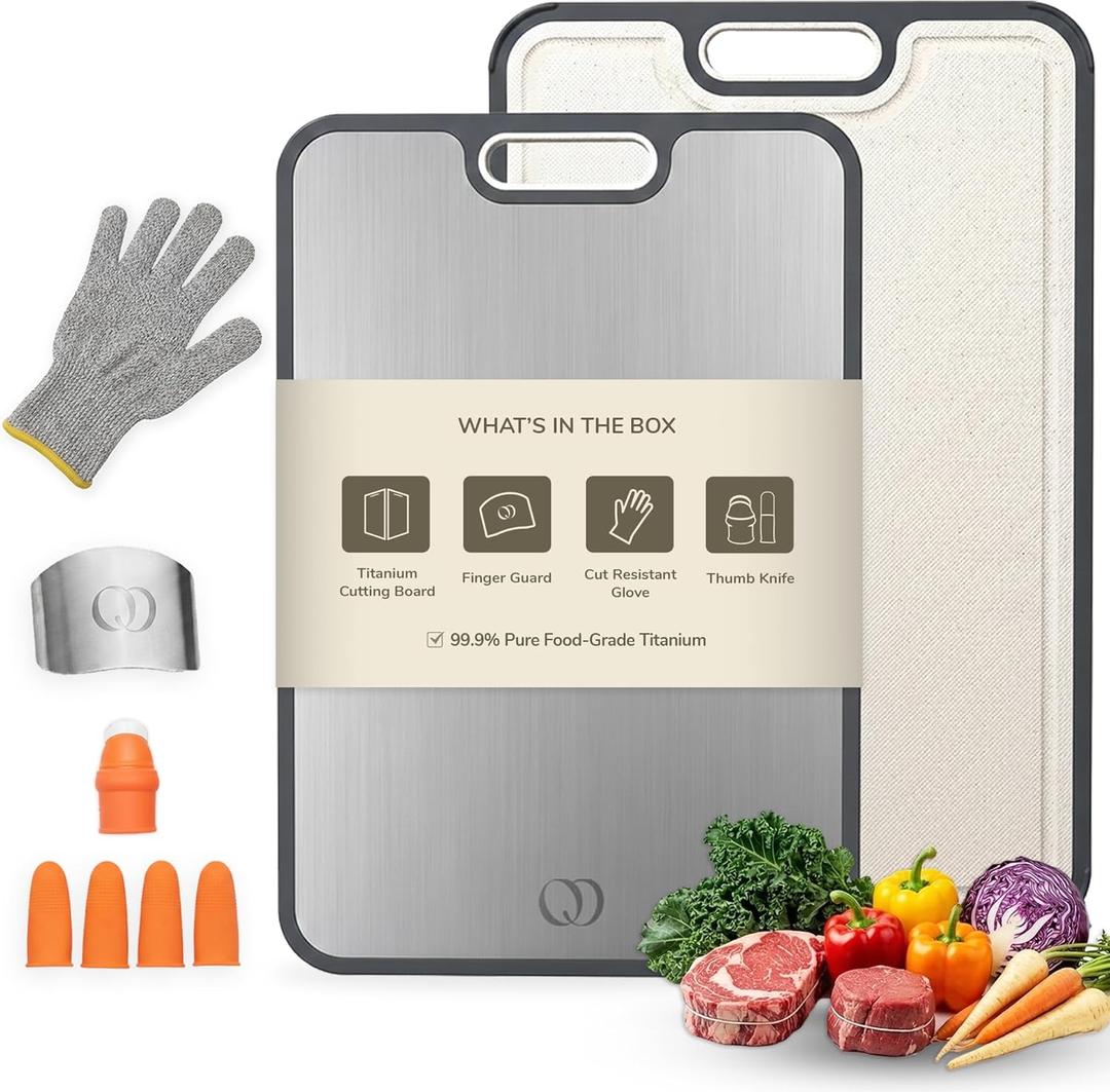 Titanium Cutting Board Double-Sided 2-in-1 (99.9% Titanium + PP), 15" x 10", with Accessories (Finger Guard, Glove, Thumb Knives) - Kitchen Metal Chopping Board for Meat, Fruits & Vegetables