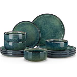 vancasso Starry 12 Pieces Dinnerware Sets for 4, Green Reactive Glaze Dishes Sets, Ceramic Plates and Bowls Set, Dinner Salad Dessert Plates, and Cereal Bowls Set, Dishwasher and Microwave Safe